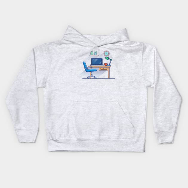 Work Bench, Desk, Laptop, Lamp, Plant, Cup, Clock And Floating Shelves Cartoon Kids Hoodie by Catalyst Labs